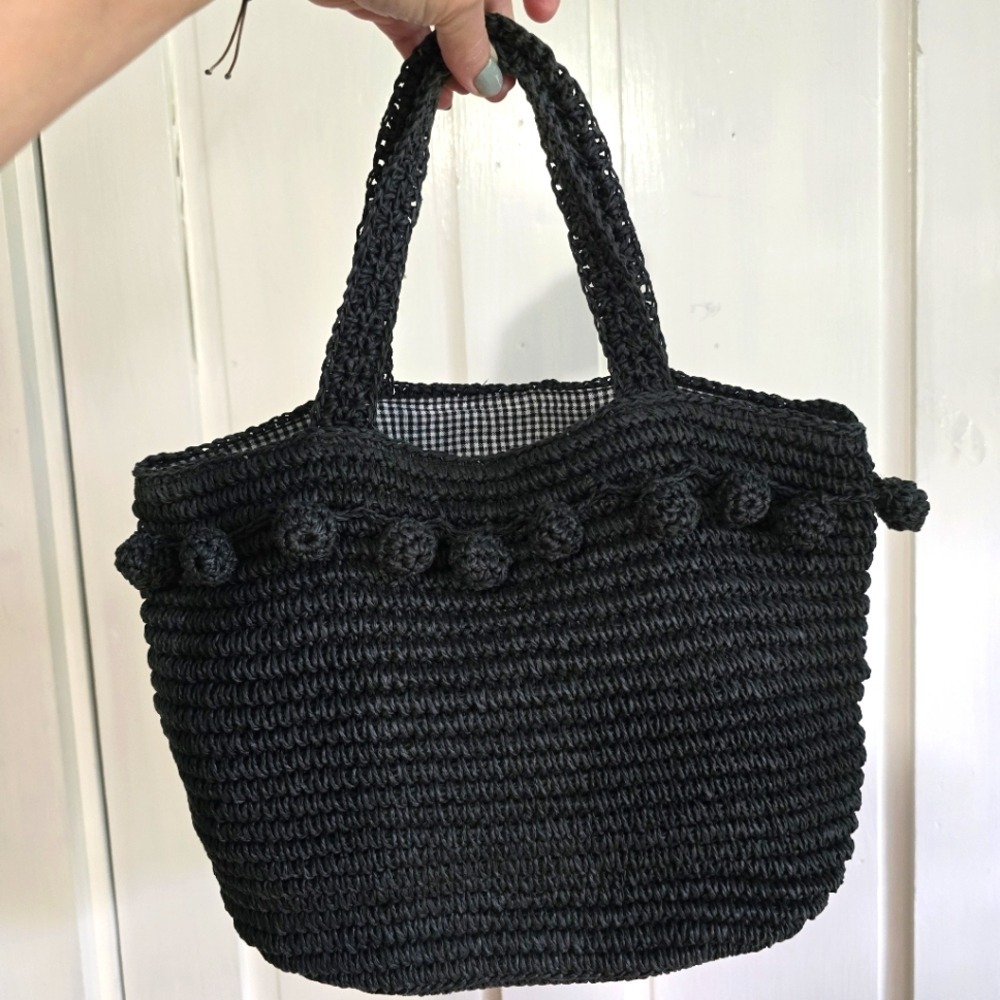 Buji Baja Woven Raffia Straw Handbag with Pom Pom Fringe and Gingham Lining